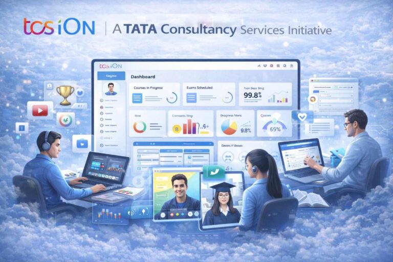 TCS iON digital learning and exam platform dashboard illustration