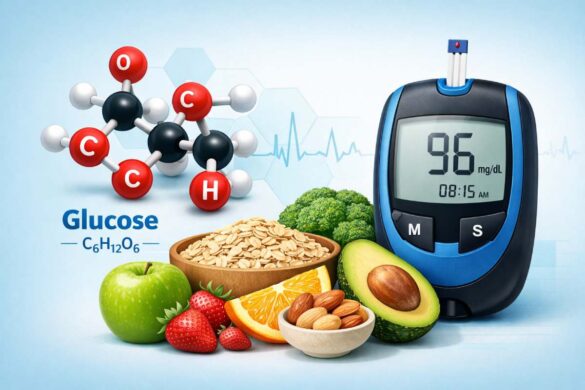 Illustration of glucose molecule, blood glucose meter, and healthy foods