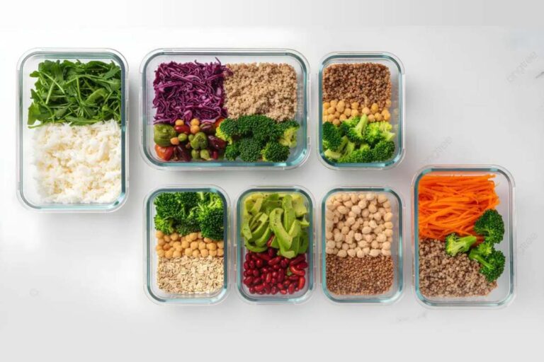 Balanced healthy eating plate with vegetables, grains, protein, and fruits.