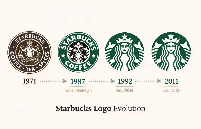 Starbucks logo evolution timeline (1971, 1987, 1992, 2011)