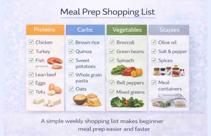 meal prep shopping list beginner healthy ingredients chart