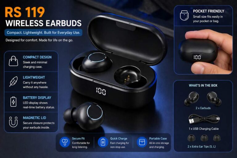 rs 119 wireless earbuds charging case compact design